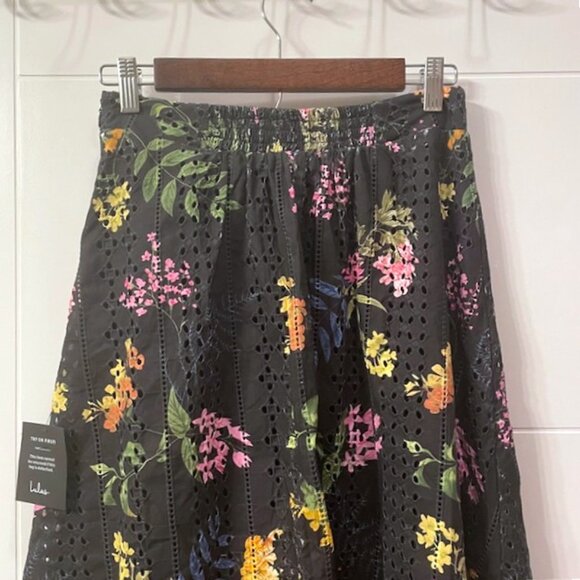 NWT Lulus Sweet At Heart Floral Embroidered Midi Skirt Black Small Eyelet - Picture 9 of 16